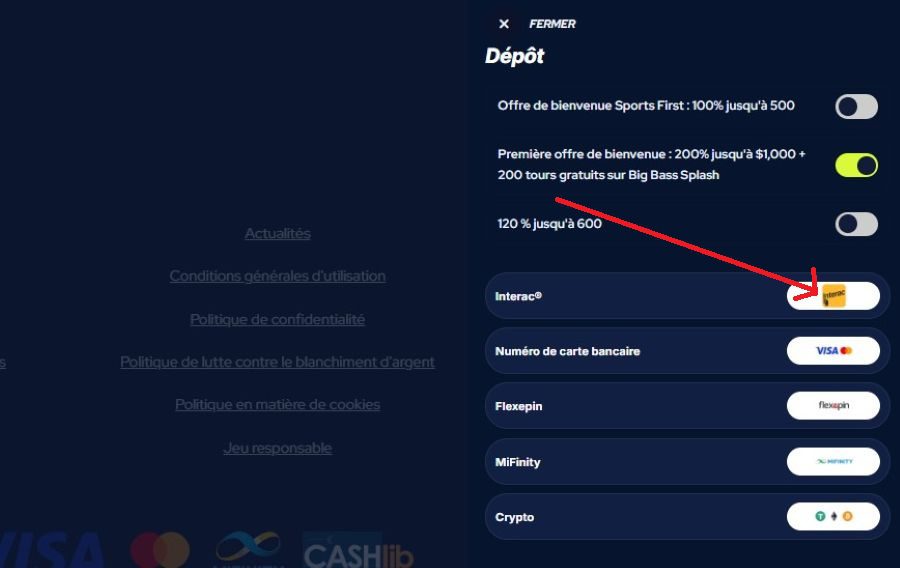 choix méthode paiement Betbeast casino