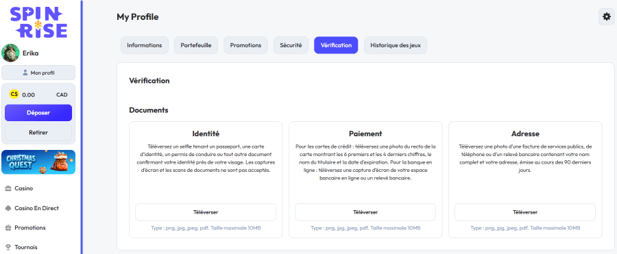 spinrise casino verification
