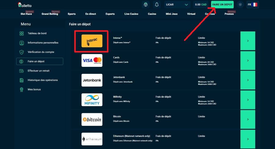 Interac Deposit Rolletto Casino
