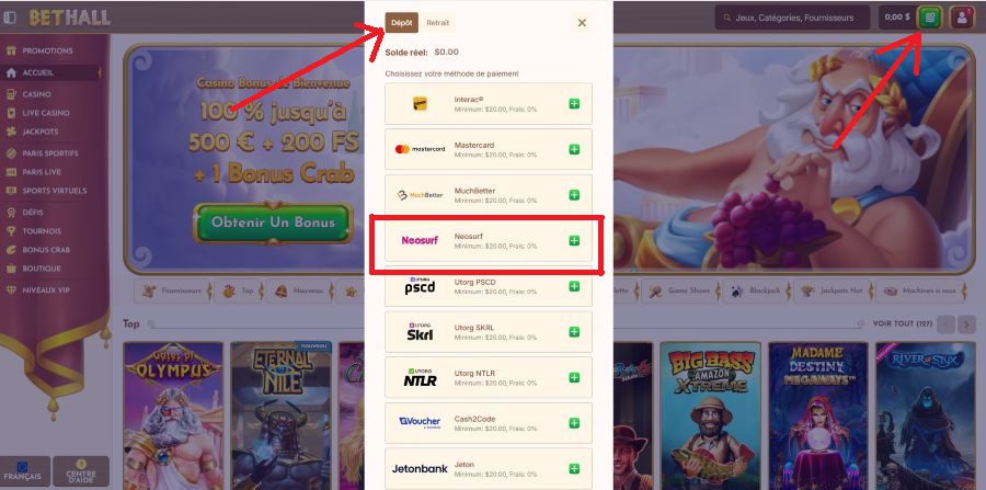 Neosurf deposit method BetHall casino cashier
