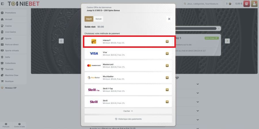 Dépôt Interac Tooniebet casino en ligne