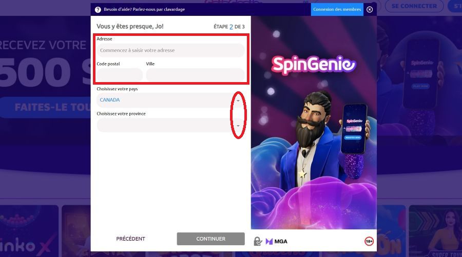 Formulaire 3 inscription Spin Genie Casino