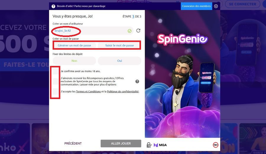 Formulaire 4 inscription Spin Genie casino en ligne