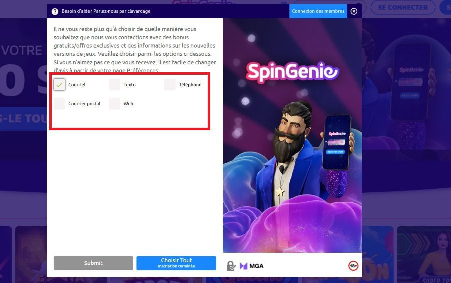 Formulaire 5 inscription Spin Genie Casino