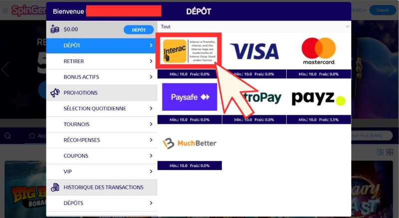 Tutoriel étape par étape pour faire un dépôt sur Spin Genie Casino