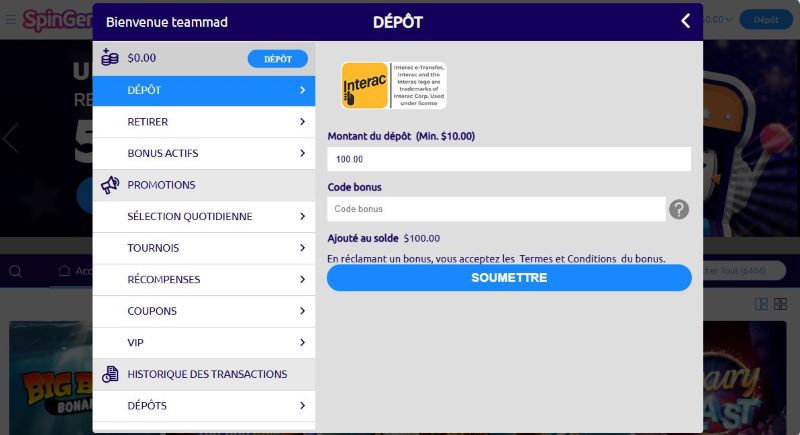 Tutoriel étape par étape pour faire un dépôt sur Spin Genie Casino
