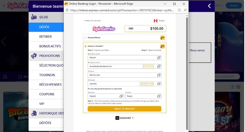 Tutoriel étape par étape pour faire un dépôt sur Spin Genie Casino