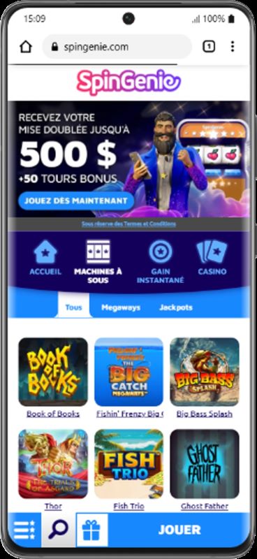 Page d'accueil de Spin Genie Casino depuis un smarpthone