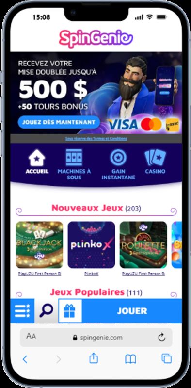 Vue de la page d'accueil de Spin Genie Casino depuis un autre smarpthone