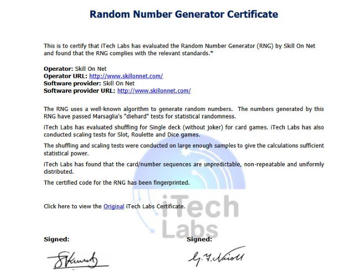 Certification de sécurité iTechslab obtenu par Spin Genie Casino