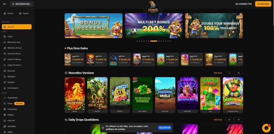 Page d'accueil Horus Casino