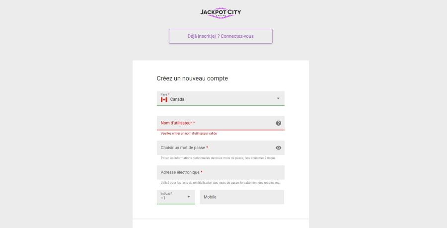 Formulaire inscription Jackpot City