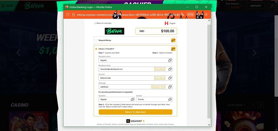 Faire un dépôt sur Betinia Casino