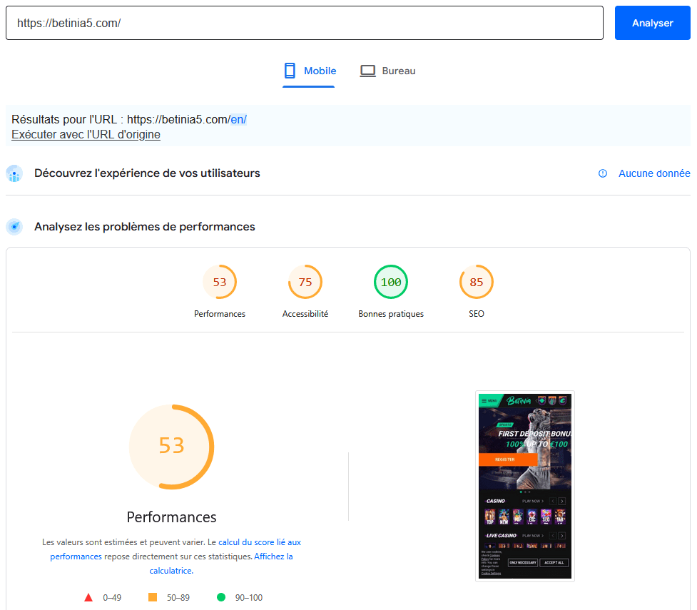 betinia rapidité de chargement