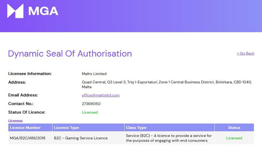 Licence de jeu de Betinia Casino auprès de la MGA