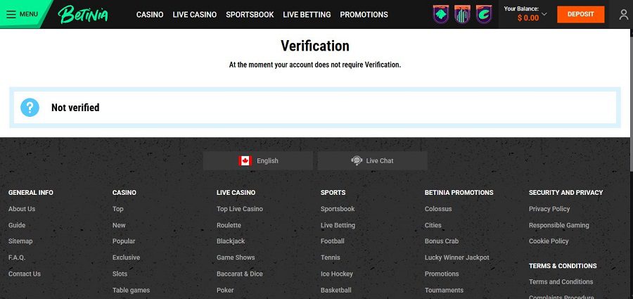 Page de verification de compte sur Betinia