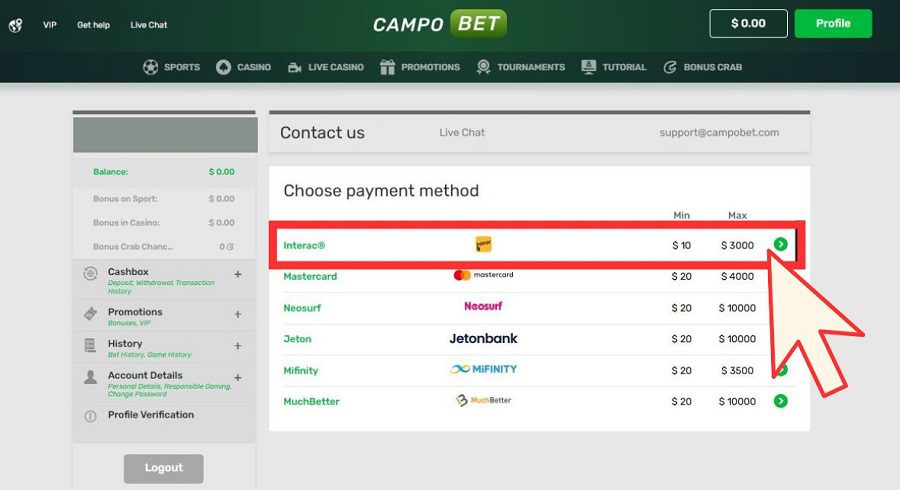 Comment faire un dépôt sur Campobet, étape 2 du tutoriel