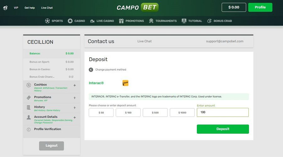 Comment faire un dépôt sur Campobet, étape 3 du tutoriel