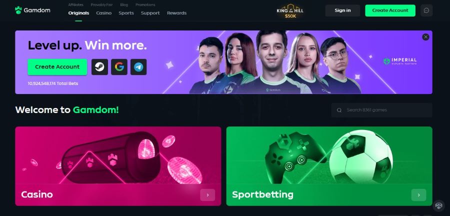 Page d'accueil du casino avec dépôt minimum à 1 C$ Gamdom