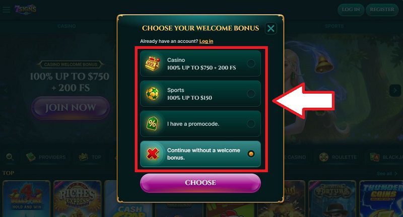 Comment s'inscrire sur 7 Signs Casino : étape 2 du tutoriel