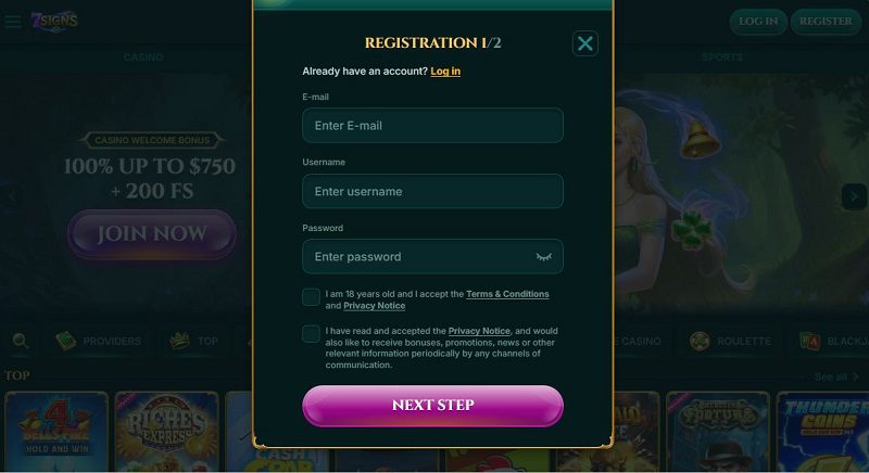 Comment s'inscrire sur 7 Signs Casino : étape 3 du tutoriel