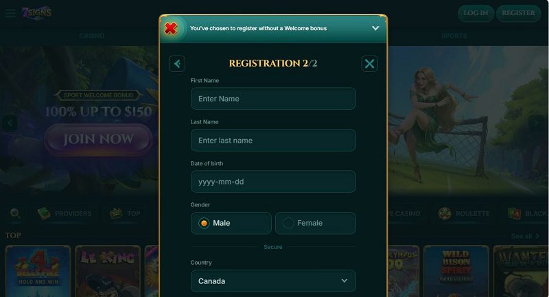 Comment s'inscrire sur 7 Signs Casino : étape 4 du tutoriel