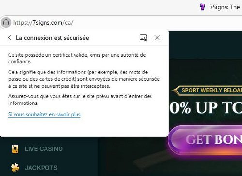 Confirmation du Certificat SSL de 7 Signs Casino