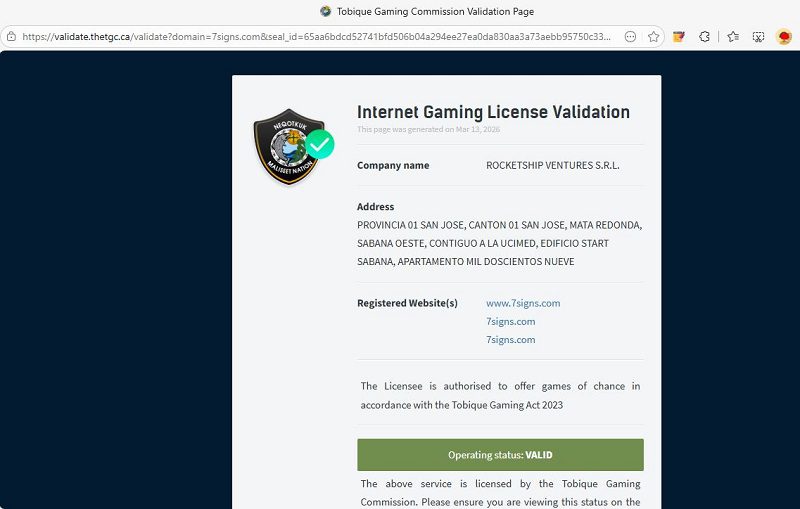 Licence de jeu de 7 Signs, delivrée par la Tobique Gaming Commission