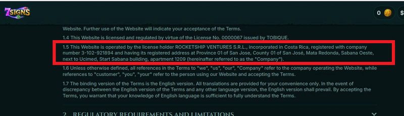 Identité et adresse de l'opérateur de 7 Signs, bien exposés en pied de page