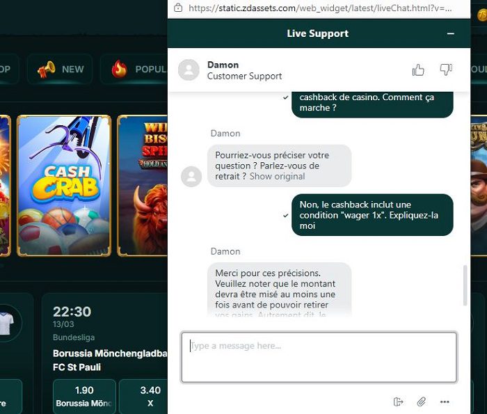 Discussion avec les agents du support client sur le casino 7 Signs