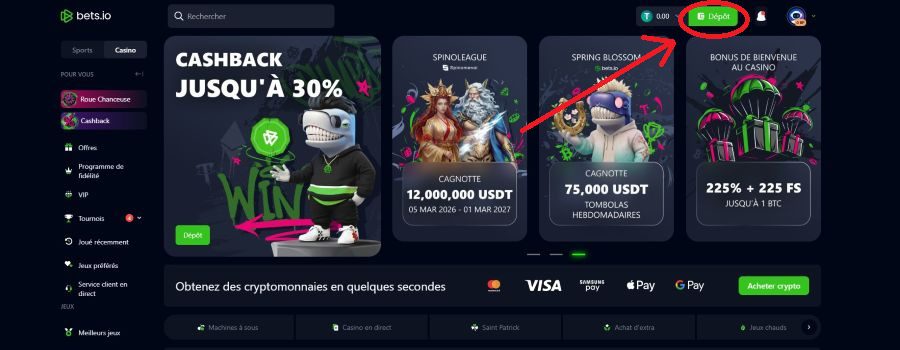 Acceuil caisse Bets.io Casino