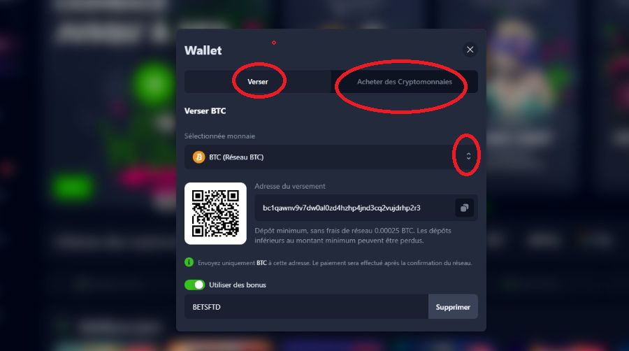 Dépôt étape 1 Bets.io Casino