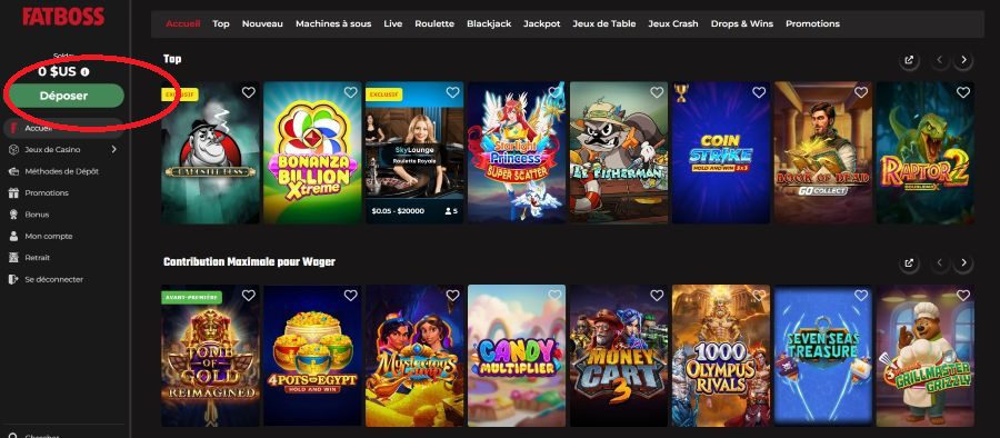 Dépot étape 1 Fatboss Casino
