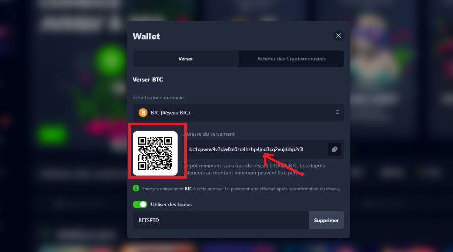 Dépôt étape 2 Bets.io Casino