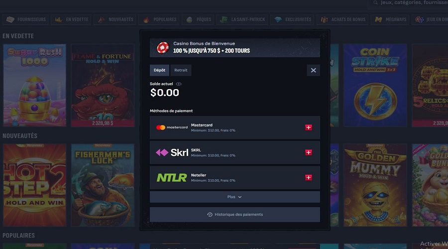 Choix du mode de dépôt Mafia Casino