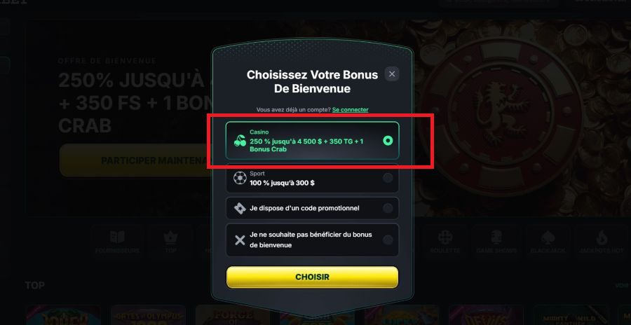Inscription étape 1 choix du bonus de bienvenue Kinbet