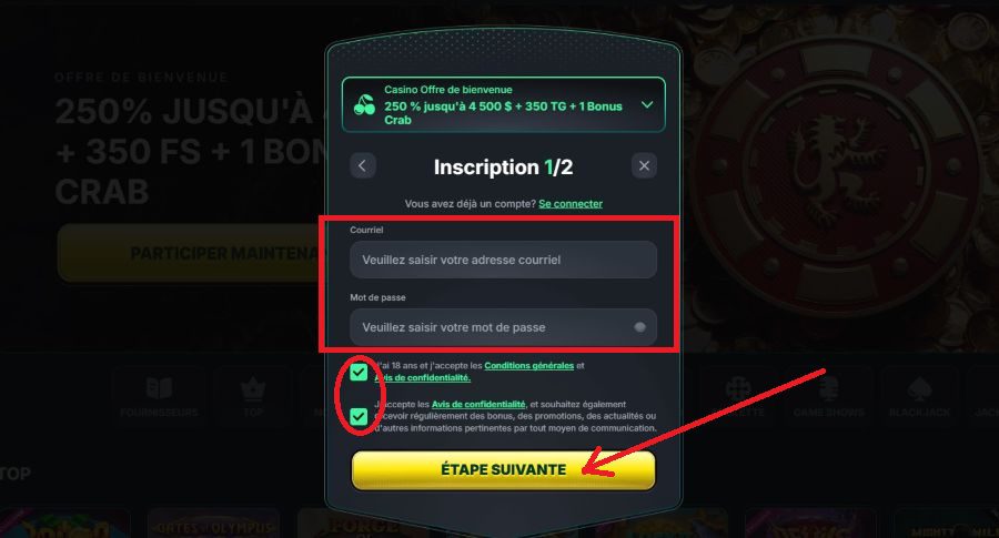 Inscription étape 2 Kinbet Casino