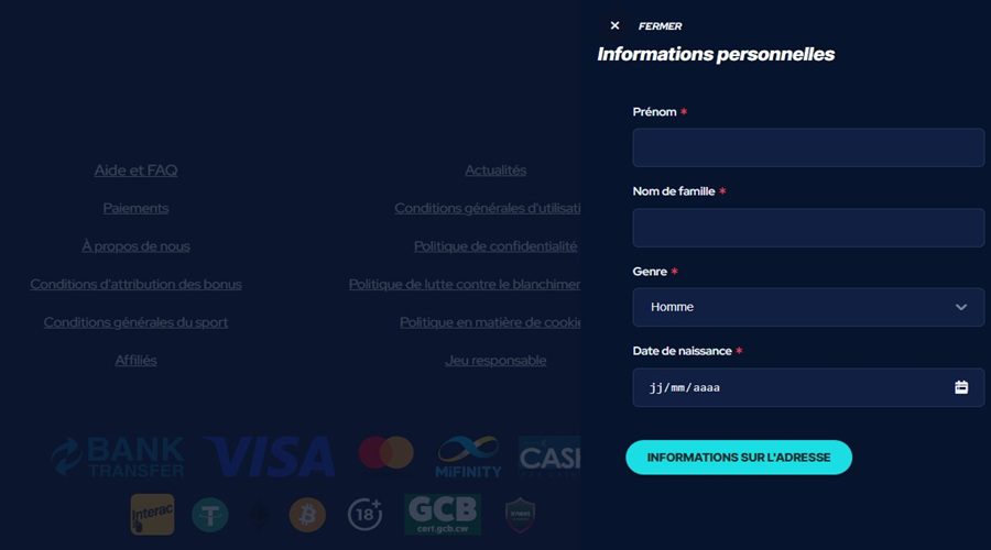Inscription formulaire 2 Betbeast casino