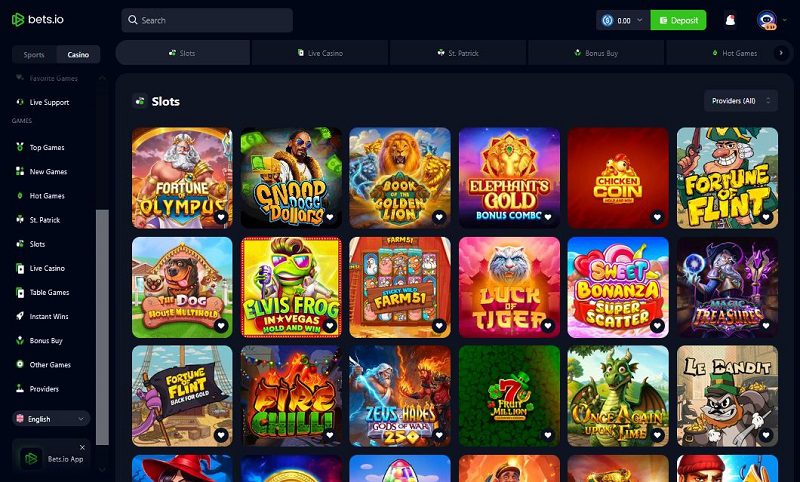 Lobby des jeux sur le casino en ligne Bets.io