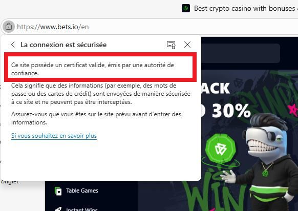 Confirmation du Certificat SSL de Bets.io Casino