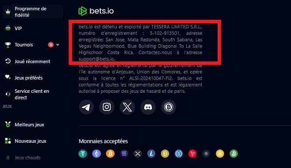 Identité et adresse de l'opérateur de Bets.io Casino, bien exposés en pied de page
