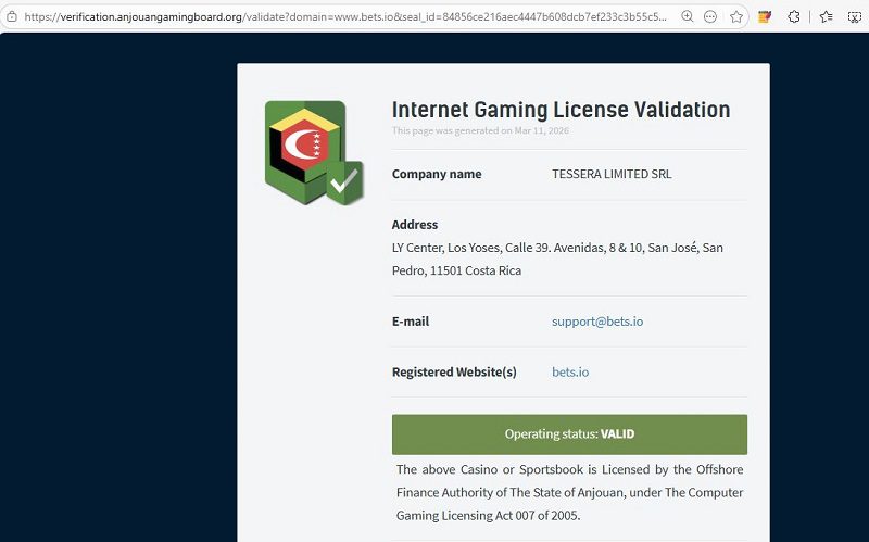Licence de jeu de Bets.io Casino, delivrée par la Commission des jeux anjouanaise