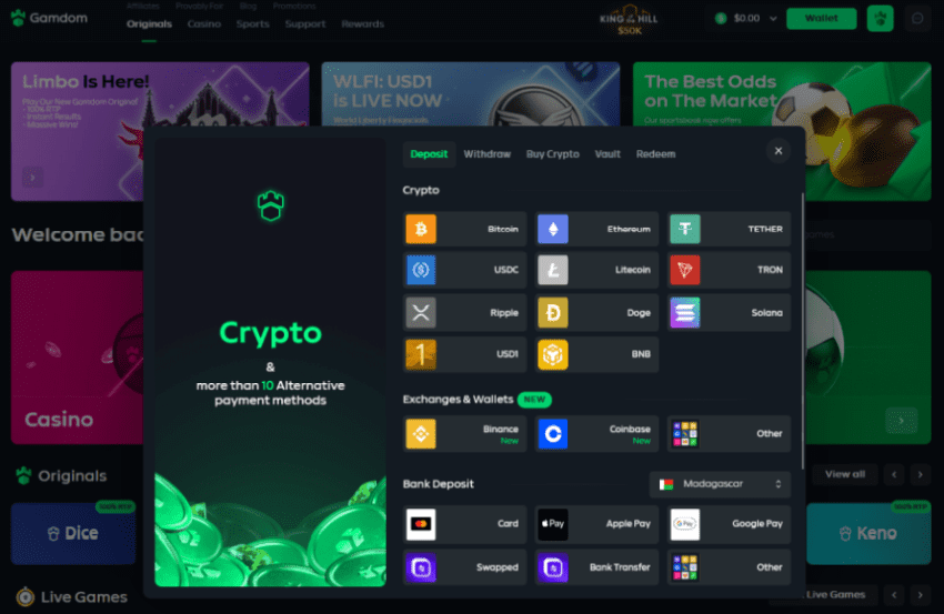 Gamdom casino $1 deposit