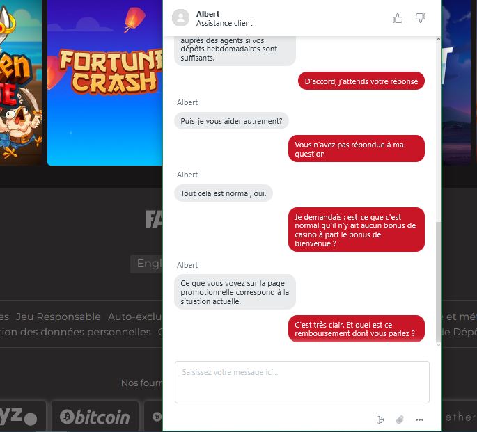 Discussion avec les agents du support client sur le casino Fatboss