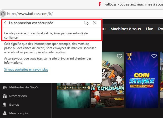 Confirmation du Certificat SSL de Fatboss Casino