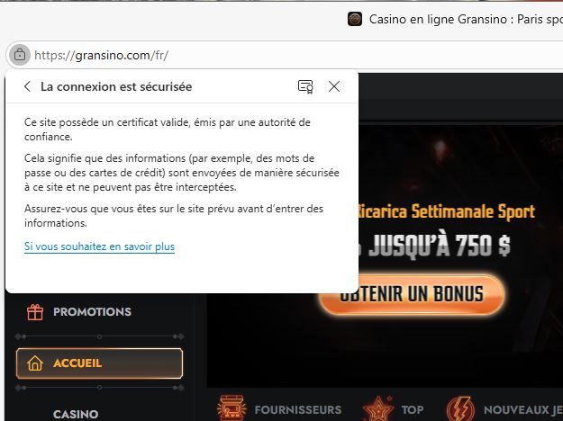 Confirmation du Certificat SSL de Gransino Casino