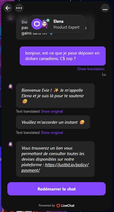 justbit casino support client