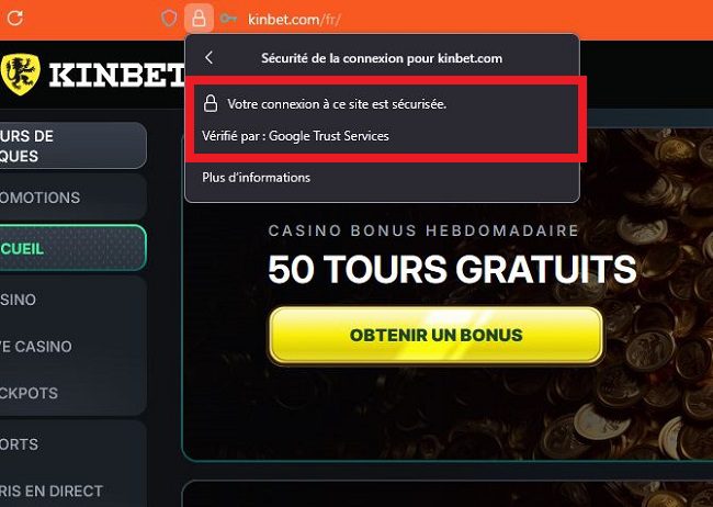 Confirmation du Certificat SSL de Kinbet Casino