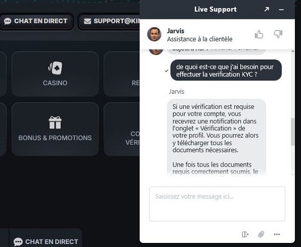 Clavardage avec les agents du support client sur le casino Kinbet