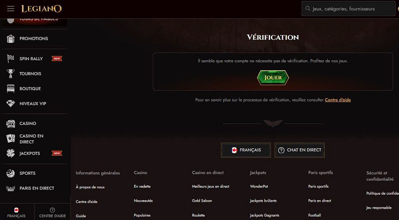 Page de verification de compte sur Legiano Casino